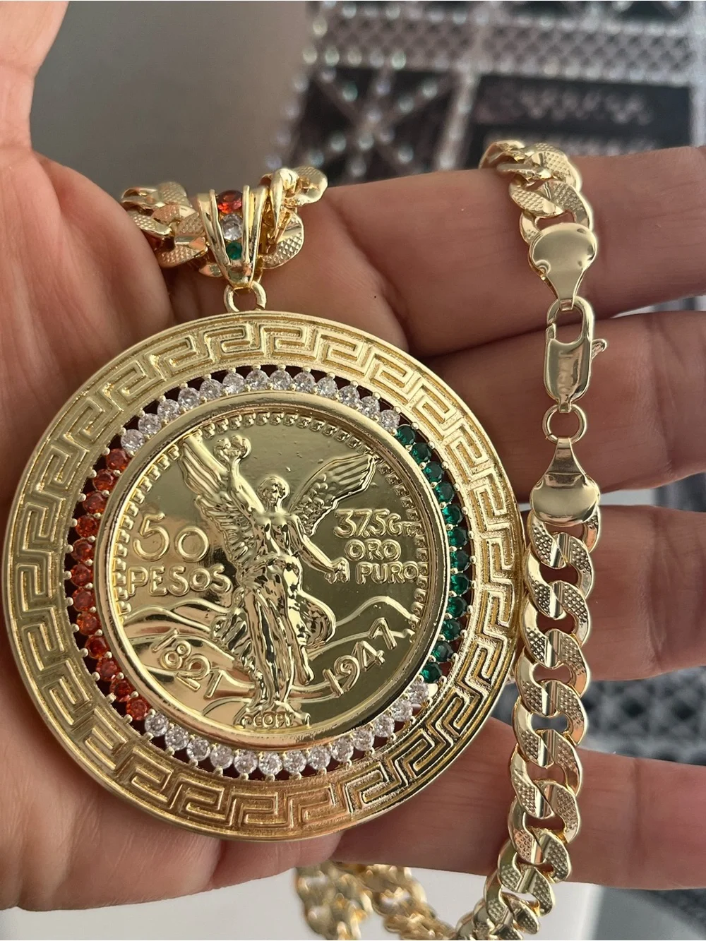 Gold-Tone 50 Pesos Medallion Necklace with Multicolor Stone Halo